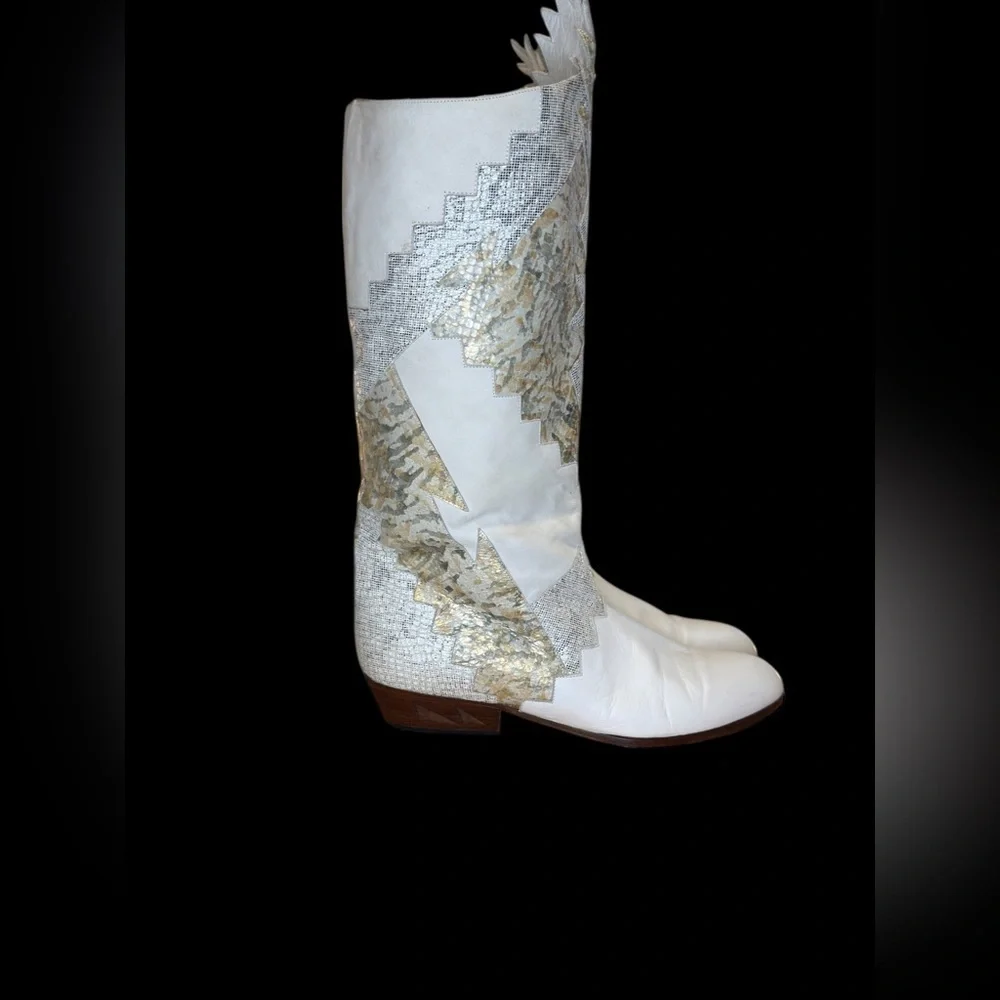 🌟 RARE Vintage Neiman Marcus White Western Tall Leather Boots Metallic sz 37.5 🌟 - Picture 8 of 13